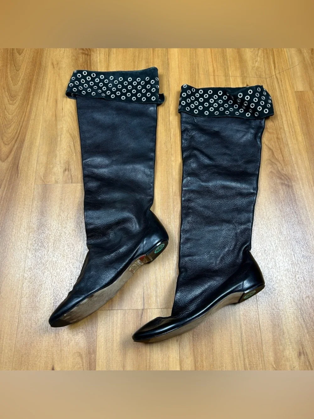 Delman Gilda Black Leather Knee High Boots Studded Italy Womens 8‎